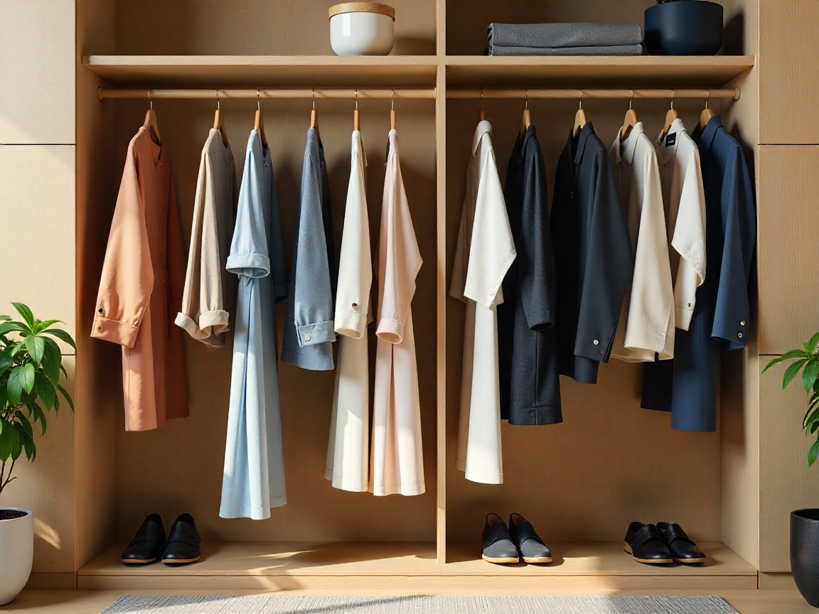 Beautifully organized wardrobe with curated clothing collection